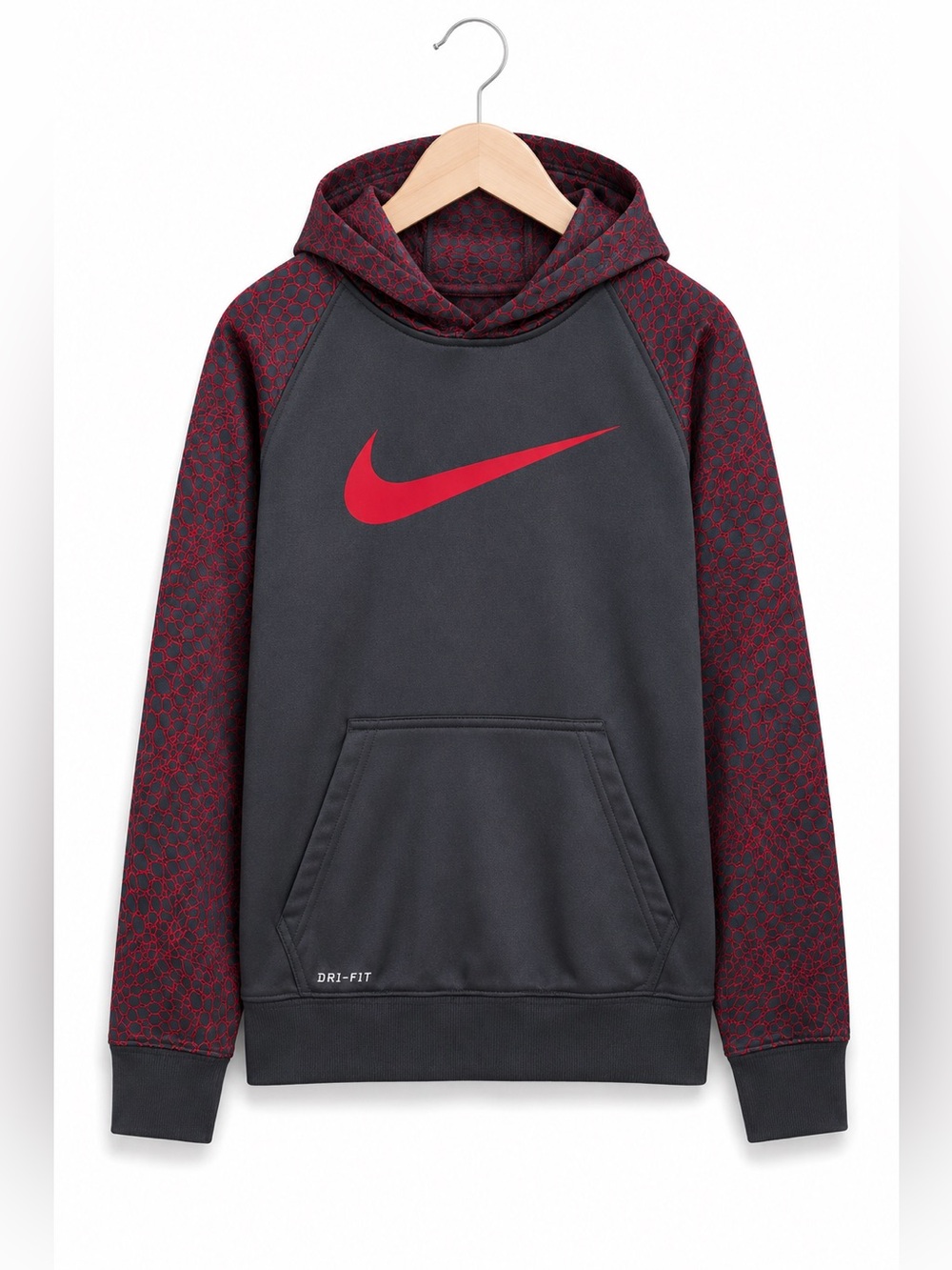 Nike Boys Gray Red Dri-FIT Hoodie Scales Print -‎ Size S 4-5 Kangaroo Pocket